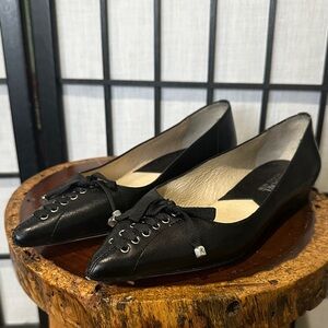 Michael Kors Black Leather Pointed Flats with Bows Silver Detail 6 EUC